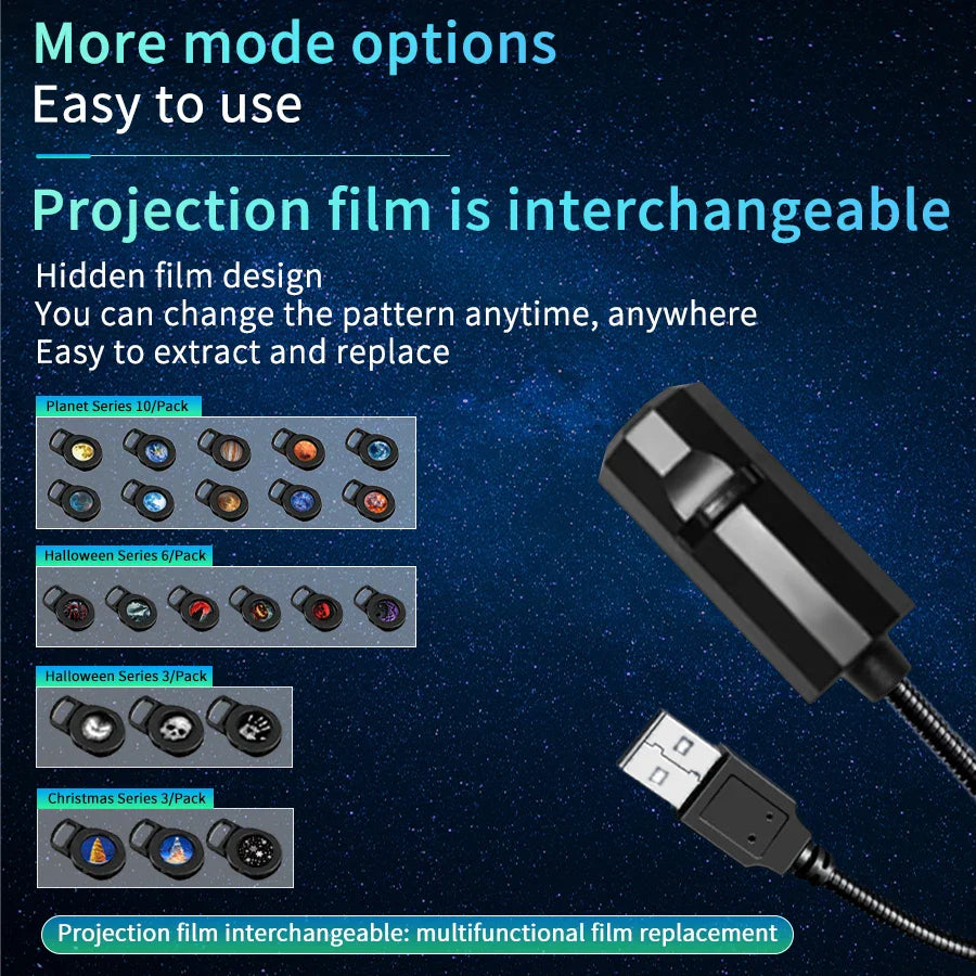 USB Projection Lamp with Switchable Patterns | LED Night Light for Christmas, Halloween, and Planet Themes