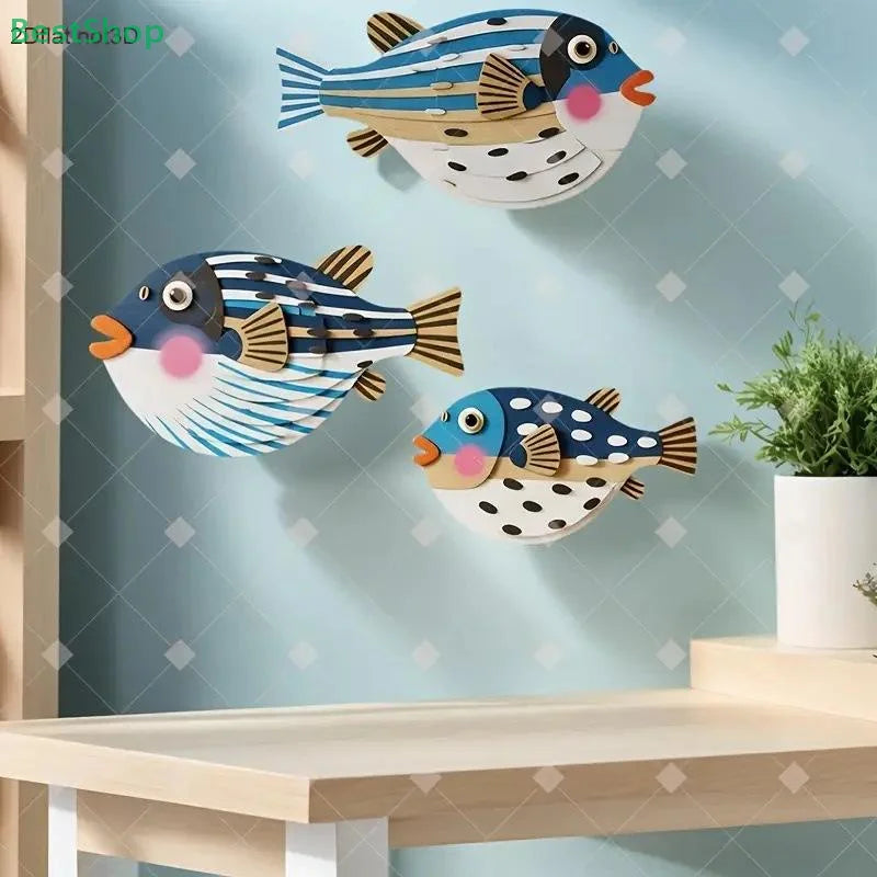 Three Fish Wall Hanging Decoration | Wooden Ocean Art for Living Room