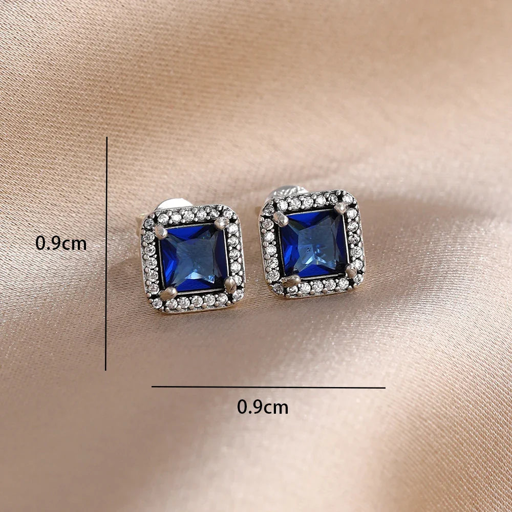Blue Zircon Stud Earrings for Women | European Style Silver Jewelry