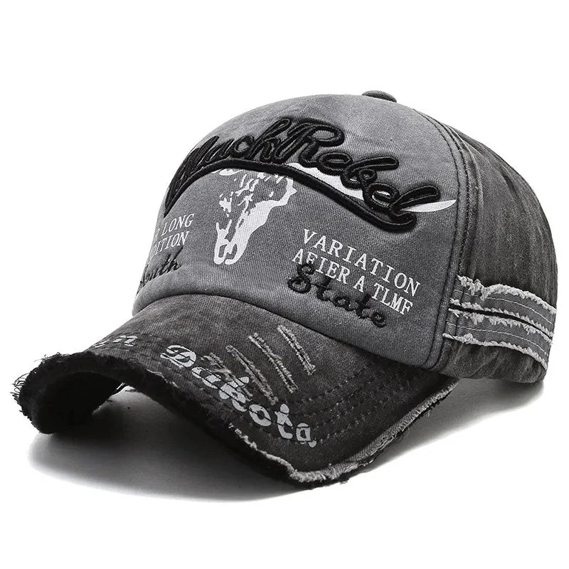 Cow Head Letter Embroidery Vintage Baseball Cap | Unisex Adjustable Washed Cotton Hat