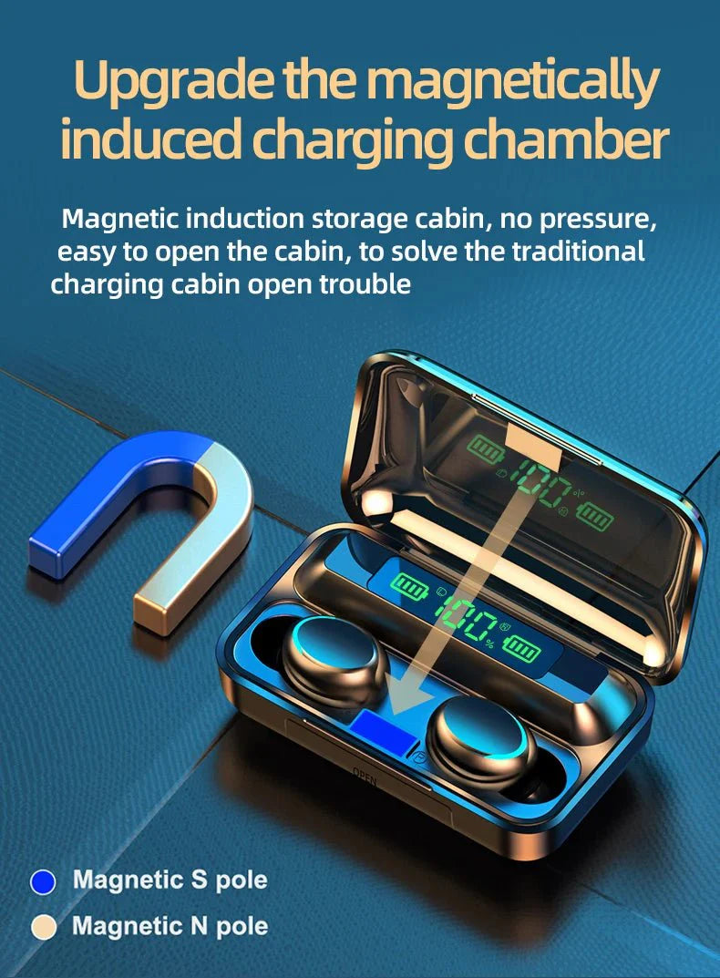 F9-5C Wireless Bluetooth Earphones | 9D Stereo, Waterproof, Noise Cancelling Headset with Charging Case