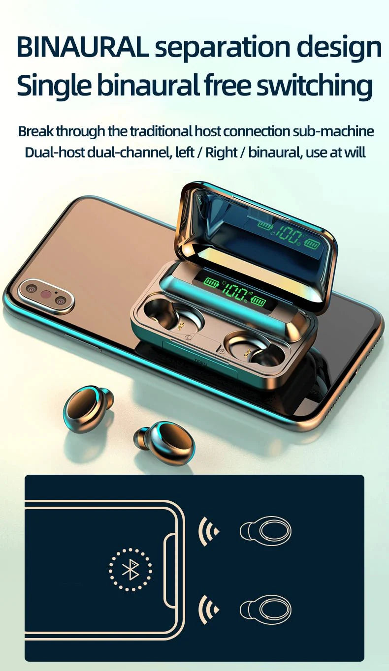 F9-5C Wireless Bluetooth Earphones | 9D Stereo, Waterproof, Noise Cancelling Headset with Charging Case