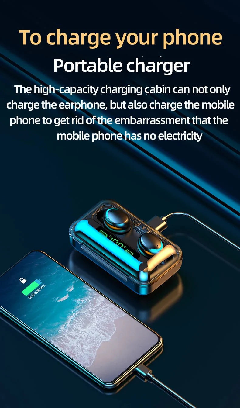 F9-5C Wireless Bluetooth Earphones | 9D Stereo, Waterproof, Noise Cancelling Headset with Charging Case