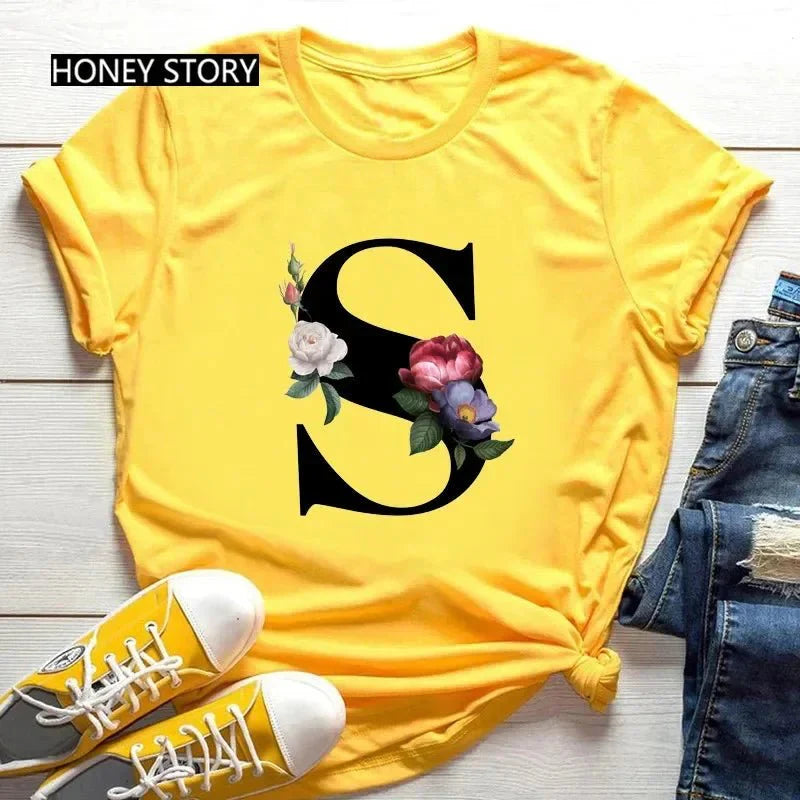 Large Size Flowers 26 English Letters Casual Yellow T-Shirt Short Sleeve | Unisex Y2K Graphic Tee