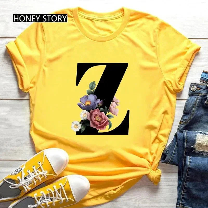 Large Size Flowers 26 English Letters Casual Yellow T-Shirt Short Sleeve | Unisex Y2K Graphic Tee