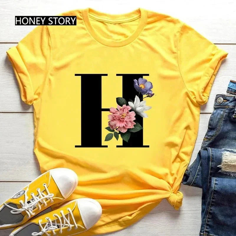Large Size Flowers 26 English Letters Casual Yellow T-Shirt Short Sleeve | Unisex Y2K Graphic Tee