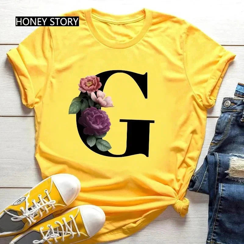 Large Size Flowers 26 English Letters Casual Yellow T-Shirt Short Sleeve | Unisex Y2K Graphic Tee