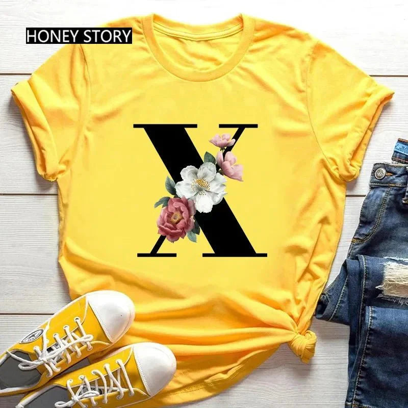 Large Size Flowers 26 English Letters Casual Yellow T-Shirt Short Sleeve | Unisex Y2K Graphic Tee