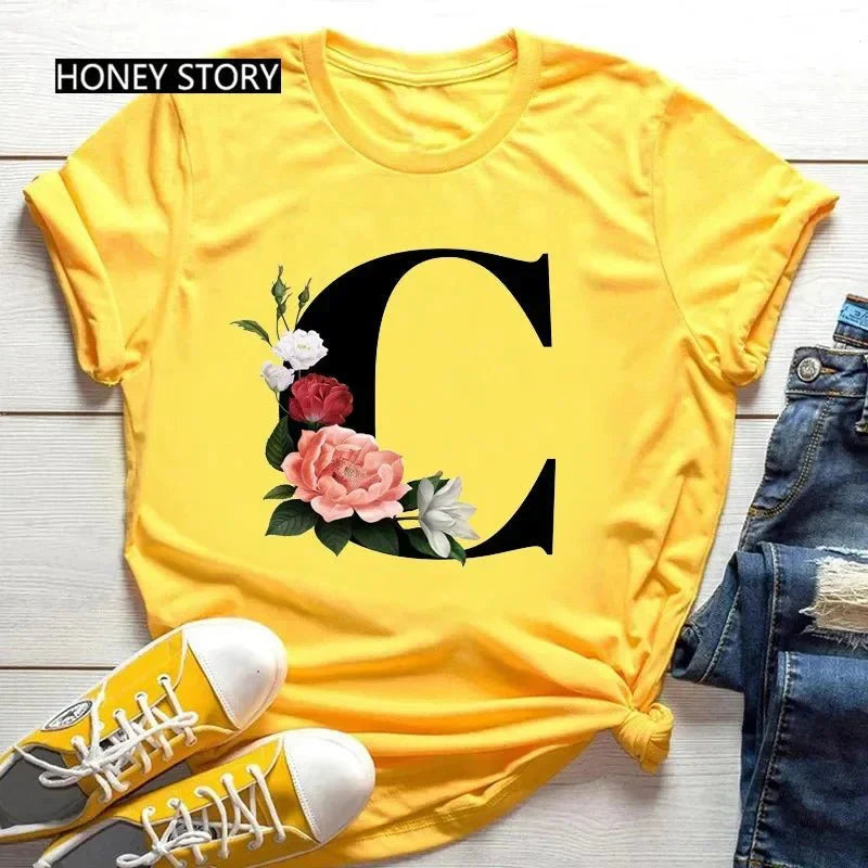 Large Size Flowers 26 English Letters Casual Yellow T-Shirt Short Sleeve | Unisex Y2K Graphic Tee