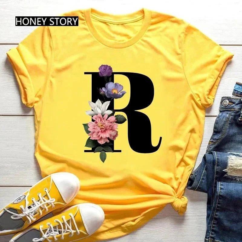 Large Size Flowers 26 English Letters Casual Yellow T-Shirt Short Sleeve | Unisex Y2K Graphic Tee