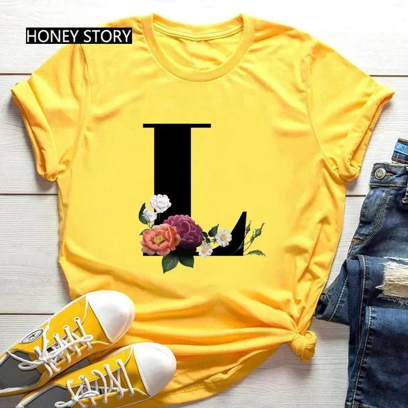Large Size Flowers 26 English Letters Casual Yellow T-Shirt Short Sleeve | Unisex Y2K Graphic Tee