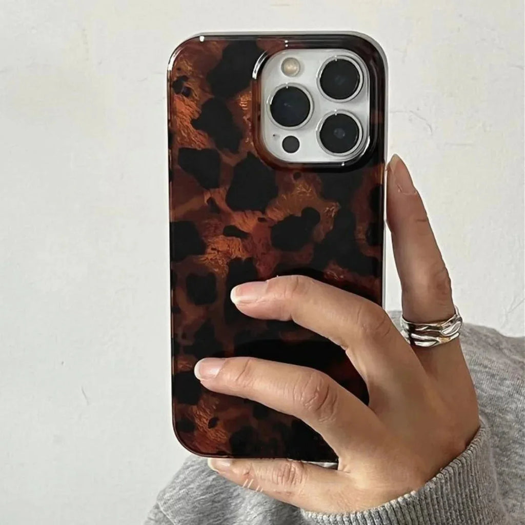 Retro Amber Laser Texture Phone Case | Leopard Print Shockproof Soft Back Cover for iPhone