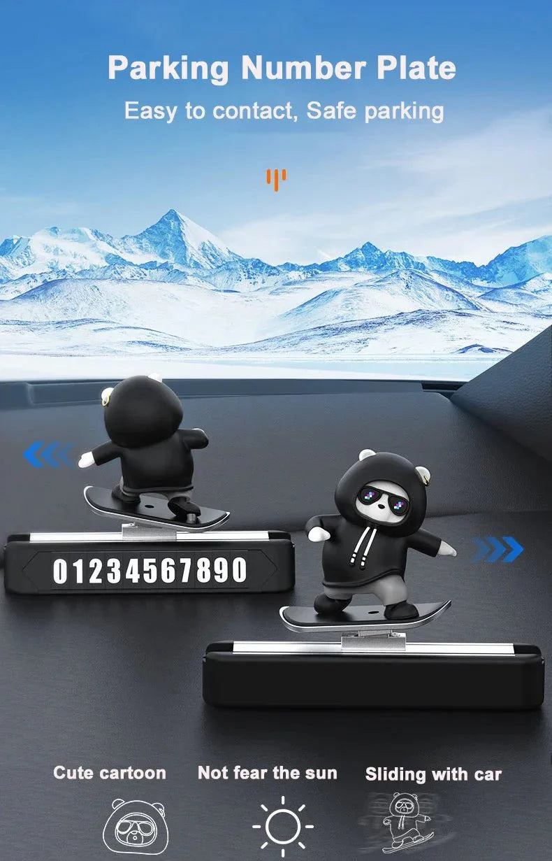 Skateboard Bear Dashboard Car Ornament | Magnetic Parking Number Plate & Cartoon Car Decoration