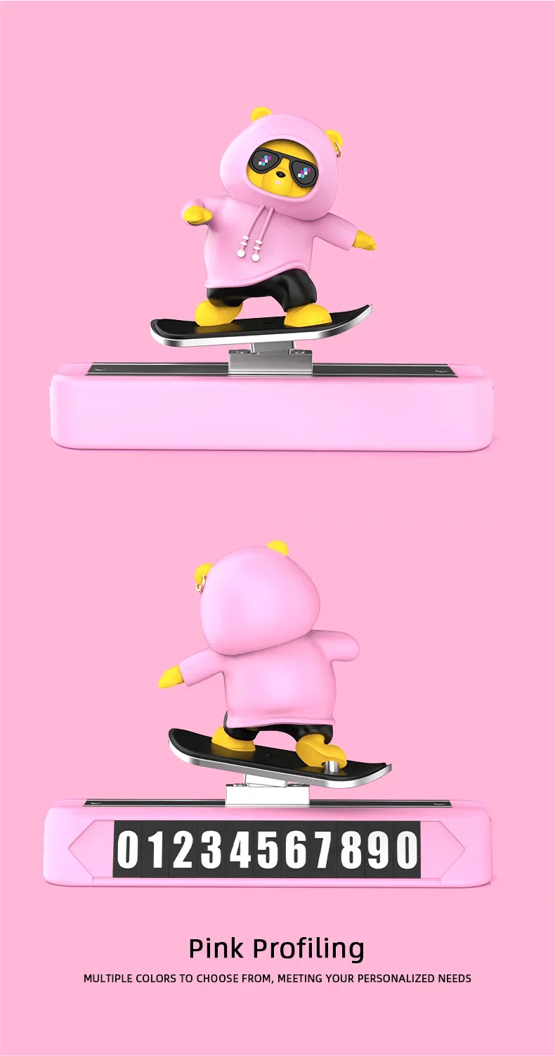 Skateboard Bear Dashboard Car Ornament | Magnetic Parking Number Plate & Cartoon Car Decoration
